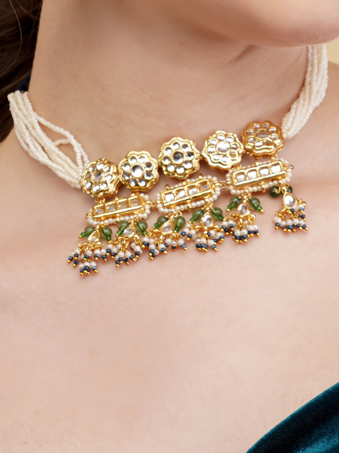 AIVY LUXE designer ethnic necklace for women with gold floral motifs and pearl strands