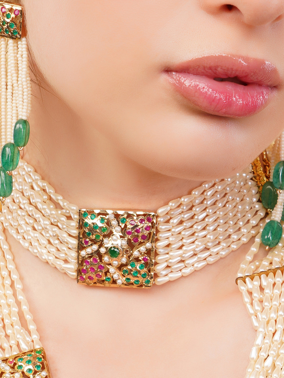 AIVY LUXE elegant green stone choker with earrings featuring pearl strands and gemstone accents