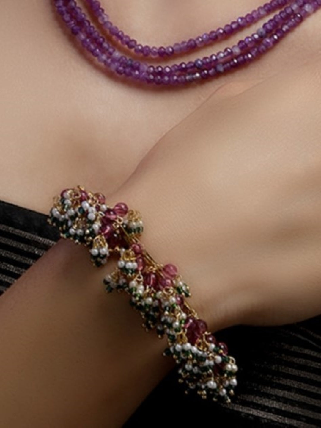 AIVY LUXE Dil-e-Gulabi designer bracelet with intricate bead and pearl detailing on wrist