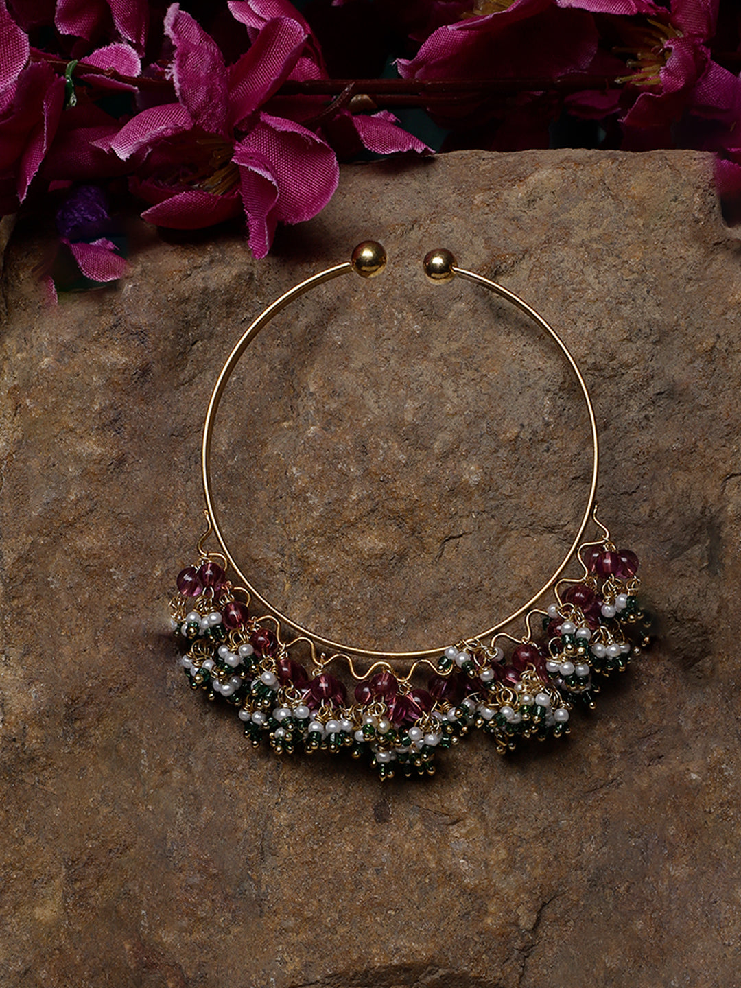 AIVY LUXE Dil-e-Gulabi designer bracelet featuring intricate pearl and purple bead clusters on gold hoop