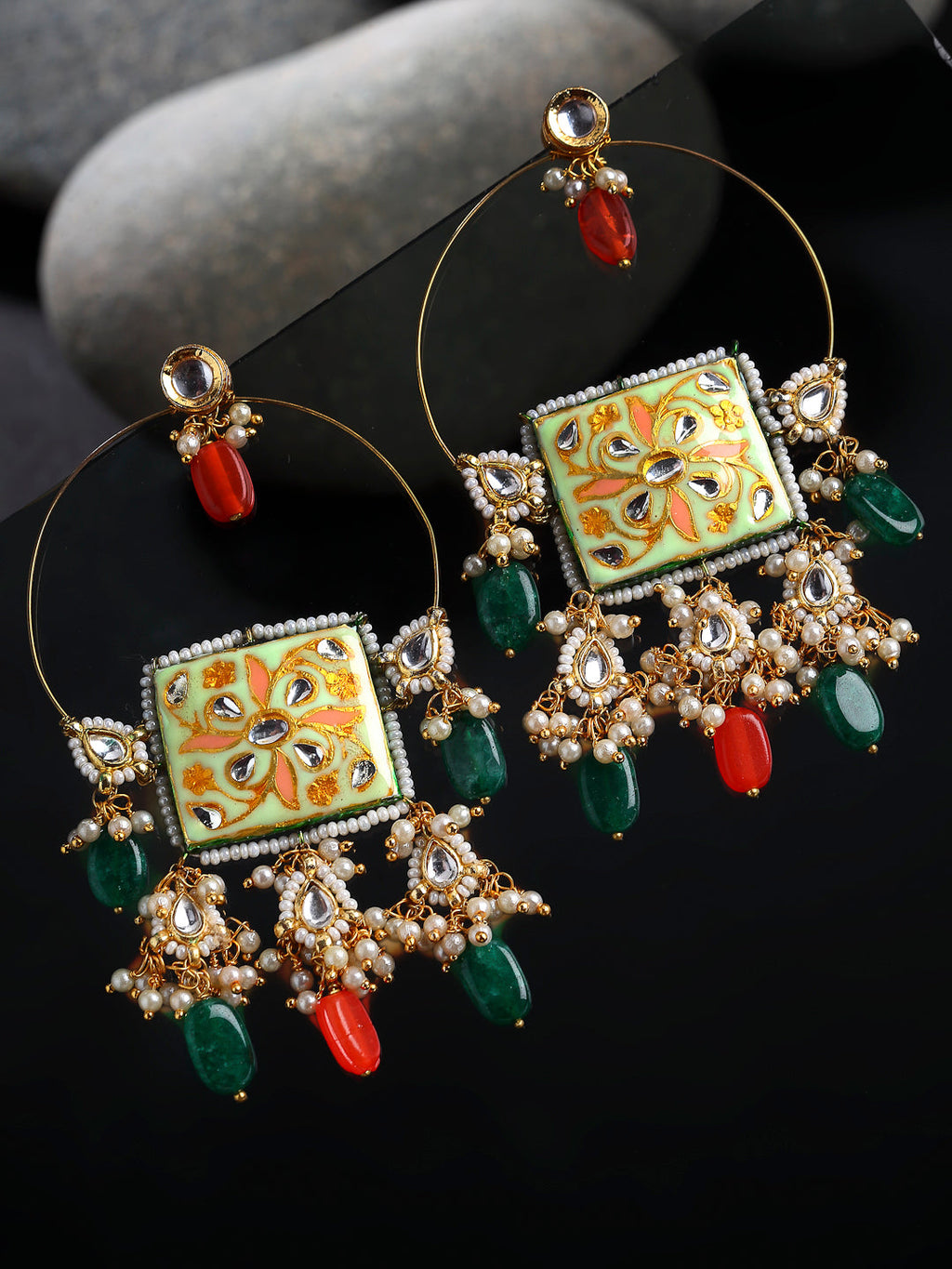 AIVY LUXE pistachio chand bala earrings with intricate floral design and colorful green and red beads