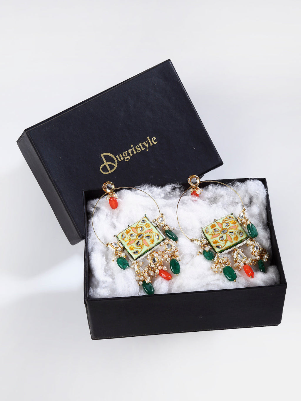 AIVY LUXE pistachio chand bala earrings with green and orange accents in black jewelry box
