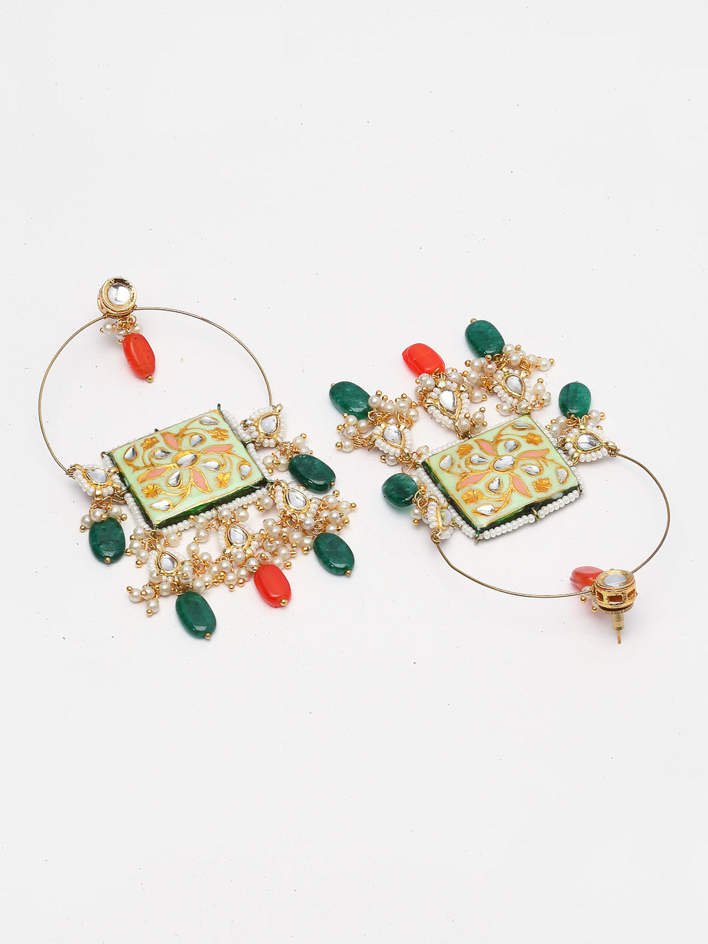 AIVY LUXE pistachio chand bala earrings with intricate green and orange design and pearl embellishments