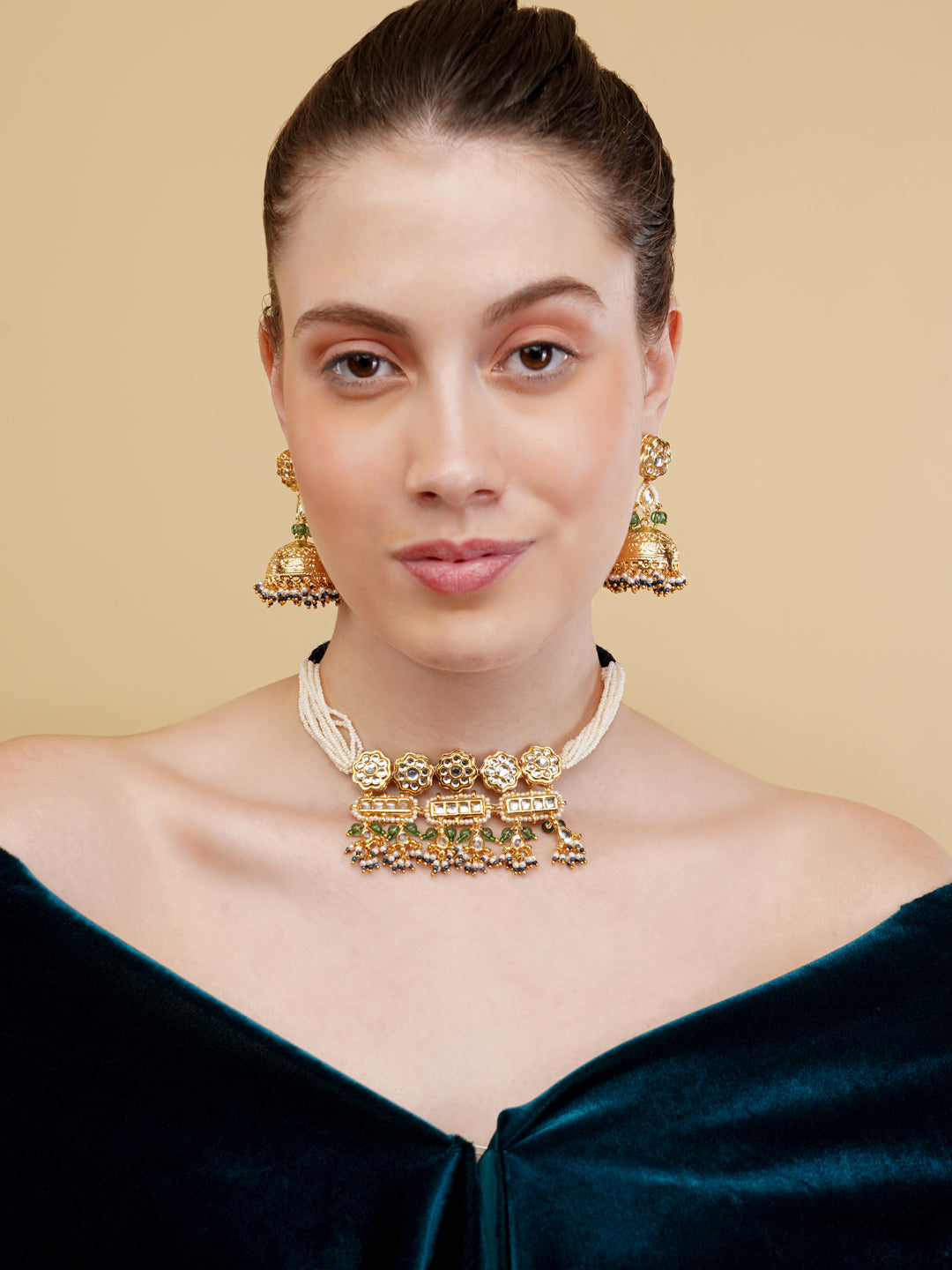 AIVY LUXE Ethnic Haar with Earrings featuring intricate gold design and colorful bead accents