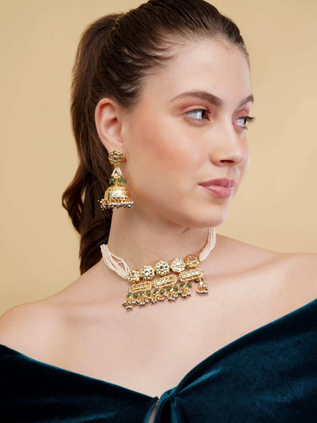 AIVY LUXE Ethnic Haar with Earrings featuring gold-toned floral design and intricate beadwork on model