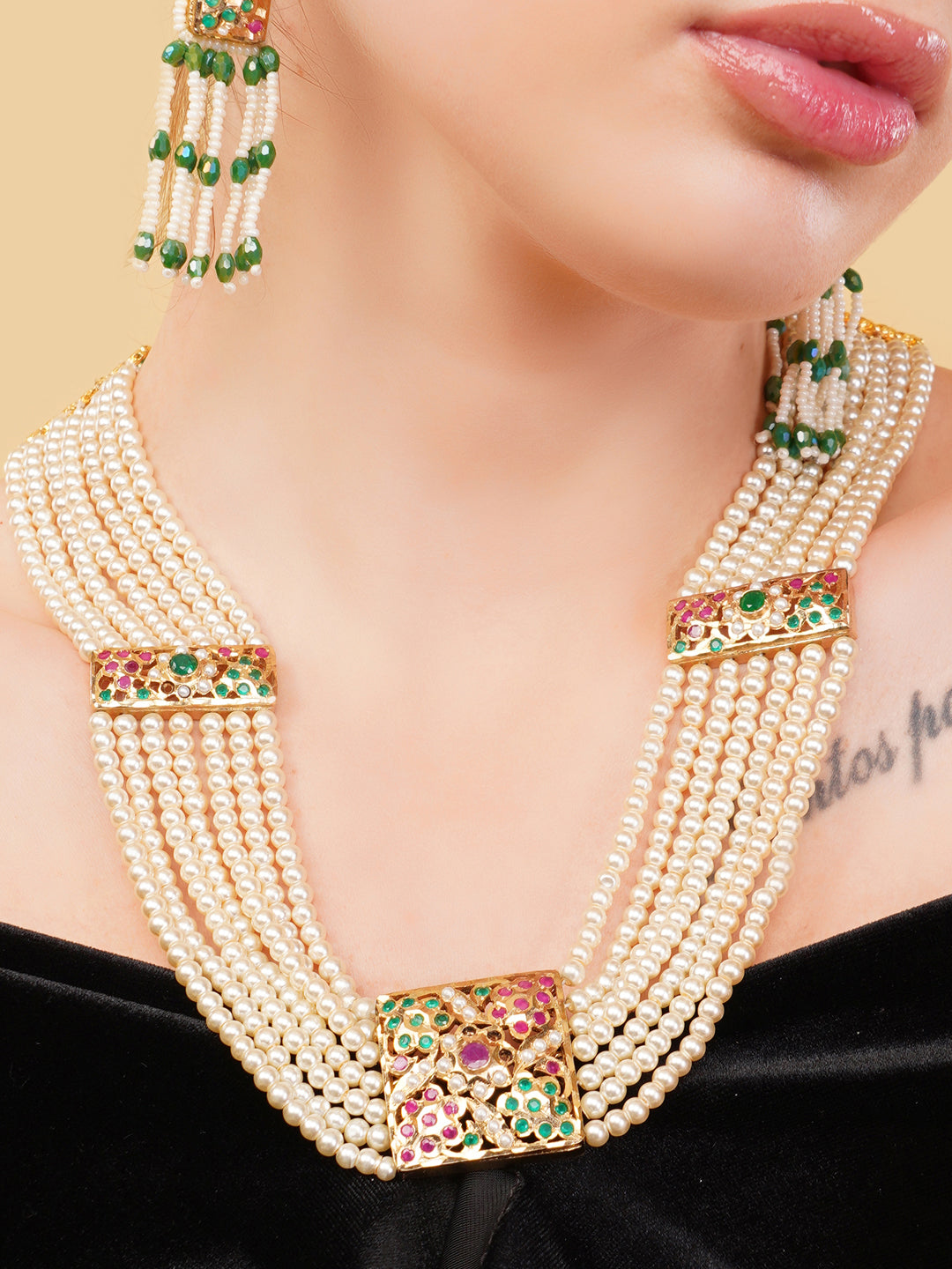 AIVY LUXE ethnic jewelry for weddings featuring a multi-strand pearl necklace with colorful gemstone accents