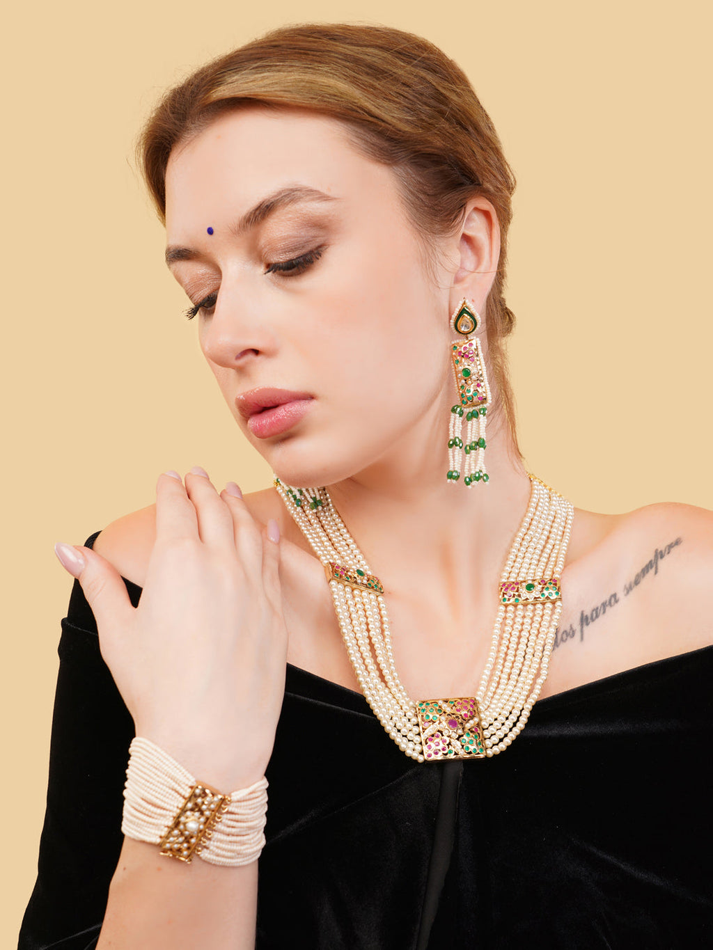 AIVY LUXE ethnic jewelry for weddings pearl and gemstone necklace worn with matching earrings and bracelet