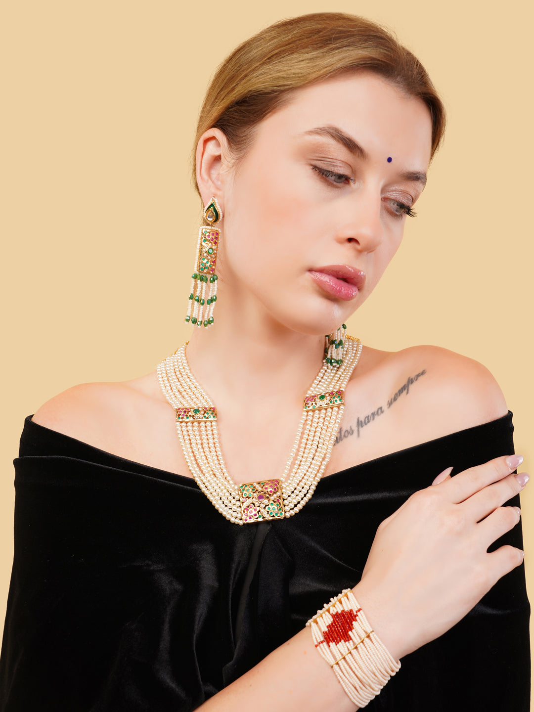 AIVY LUXE pearl necklace and matching earrings set featuring green and red accents, perfect ethnic jewelry for weddings