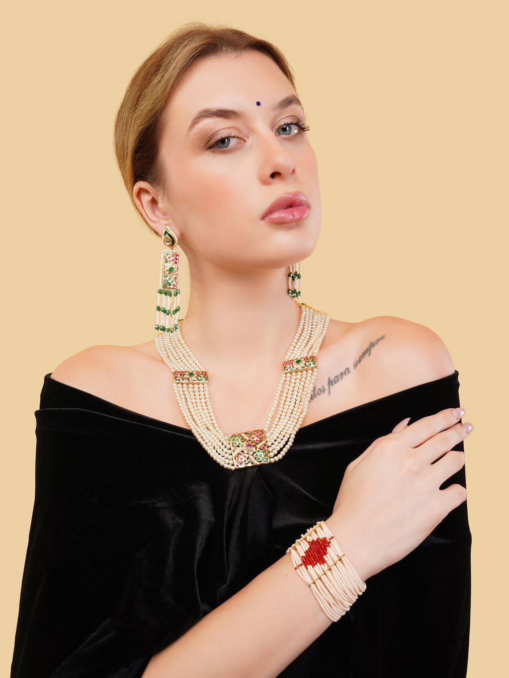 AIVY LUXE ethnic jewelry for weddings featuring a pearl multi-strand necklace, matching earrings, and bracelet set