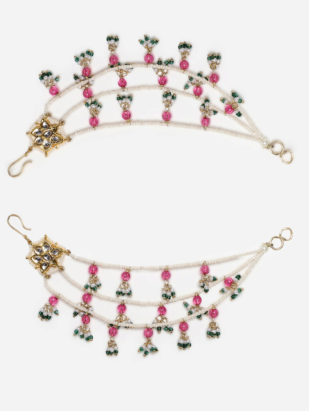 AIVY LUXE ethnic statement ear chains Kanchain with pink and green beads and gold-tone detailing
