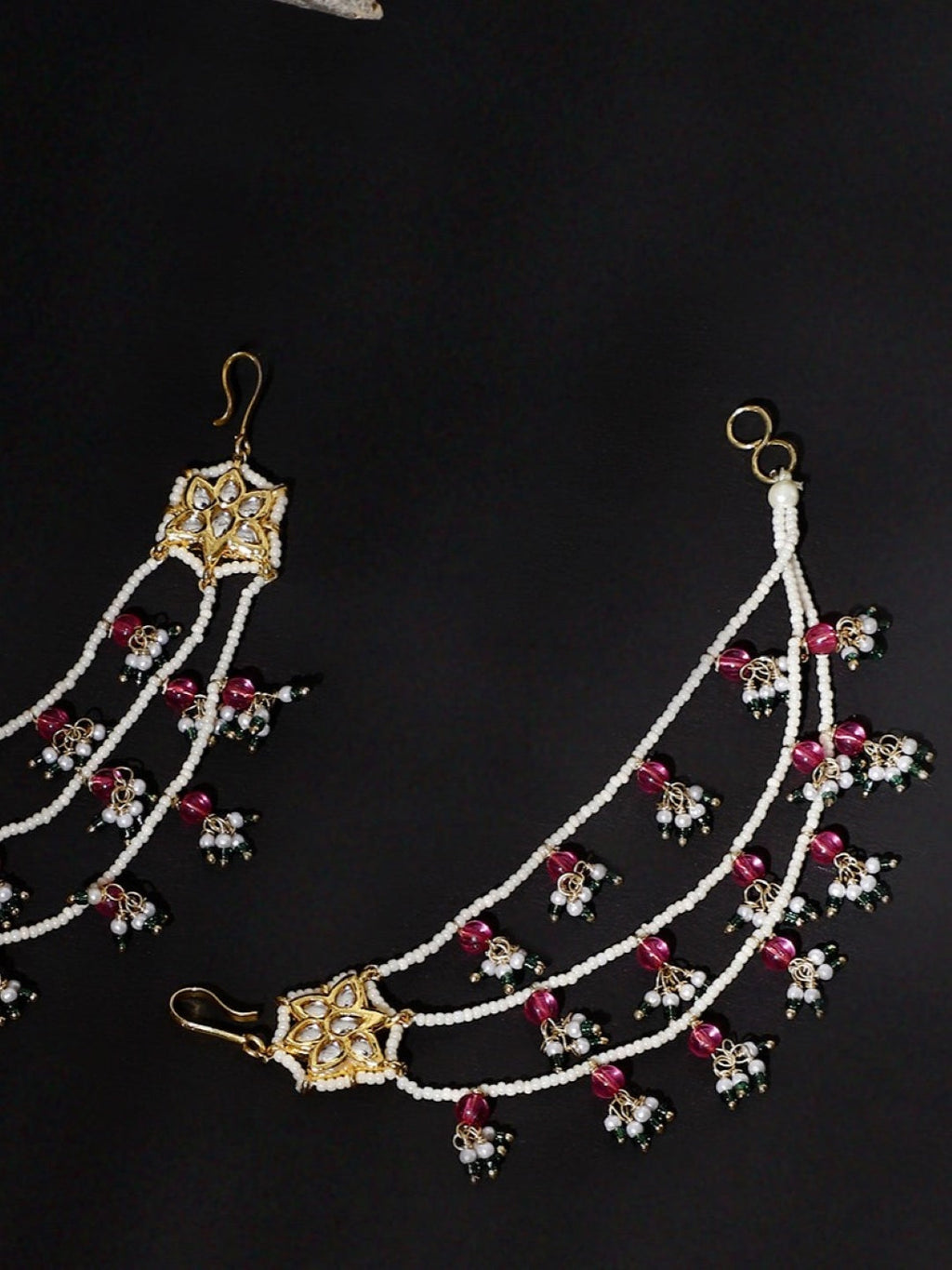 AIVY LUXE ethnic statement ear chains with white beads and intricate gold and pink floral designs