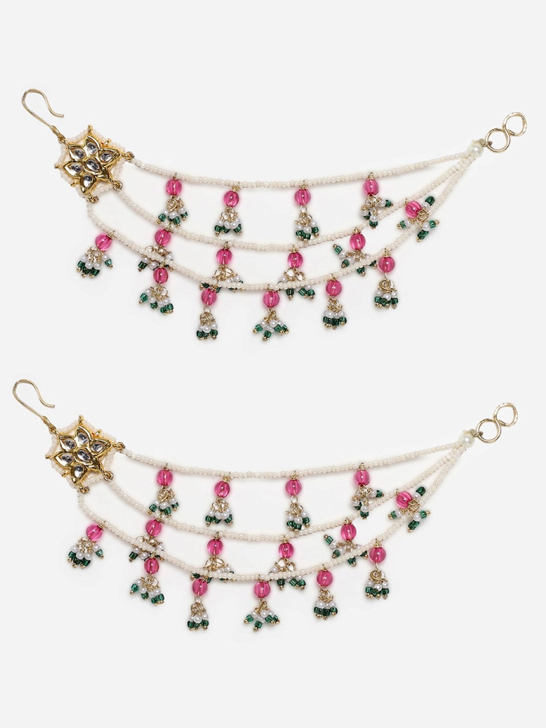 AIVY LUXE kanchain with pink and green beads featuring ethnic statement ear chains design