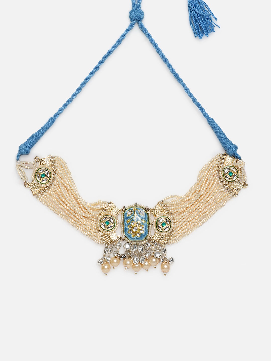 AIVY LUXE firoza choker necklace with blue thread, pearl strands, and intricate beadwork detailing