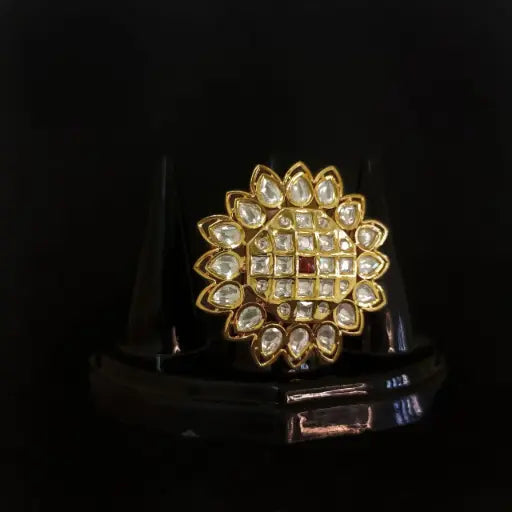 AIVY LUXE floral kundan ring with gold setting and clear stones in a flower design