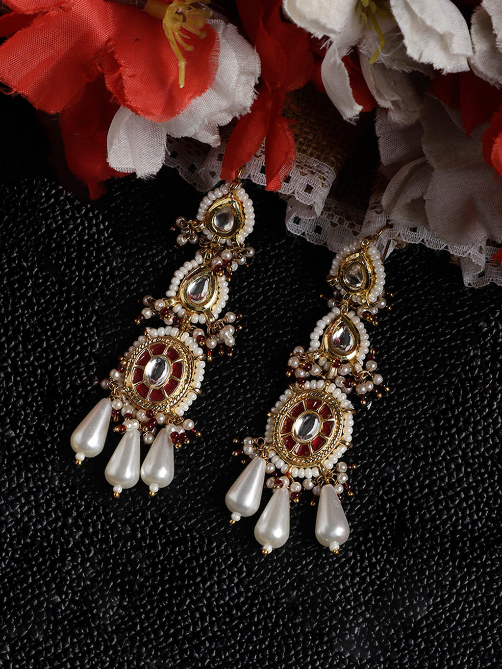 AIVY LUXE elegant fusion jewelry earrings with intricate gold, white, and red detailing and pearl drops