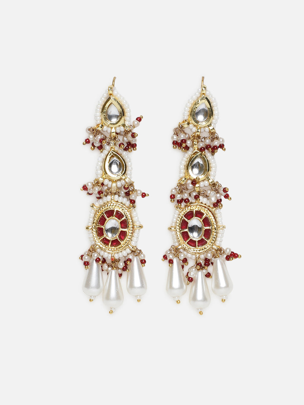 AIVY LUXE fusion jewelry earrings featuring intricate gold, red accents, pearls, and reflective gems