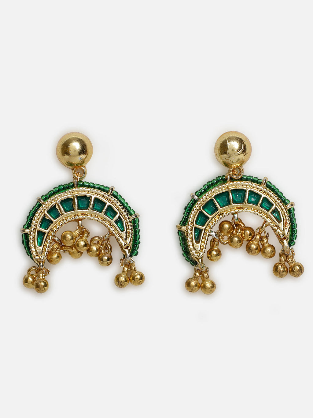 AIVY LUXE handcrafted statement earrings with green and gold intricate design and dangling gold beads