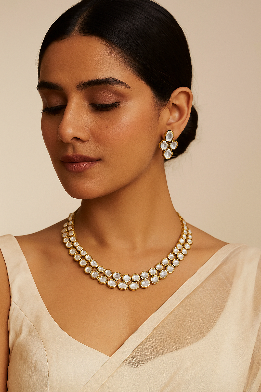 AIVY LUXE gold kundan choker necklace set worn by model with matching earrings and elegant outfit