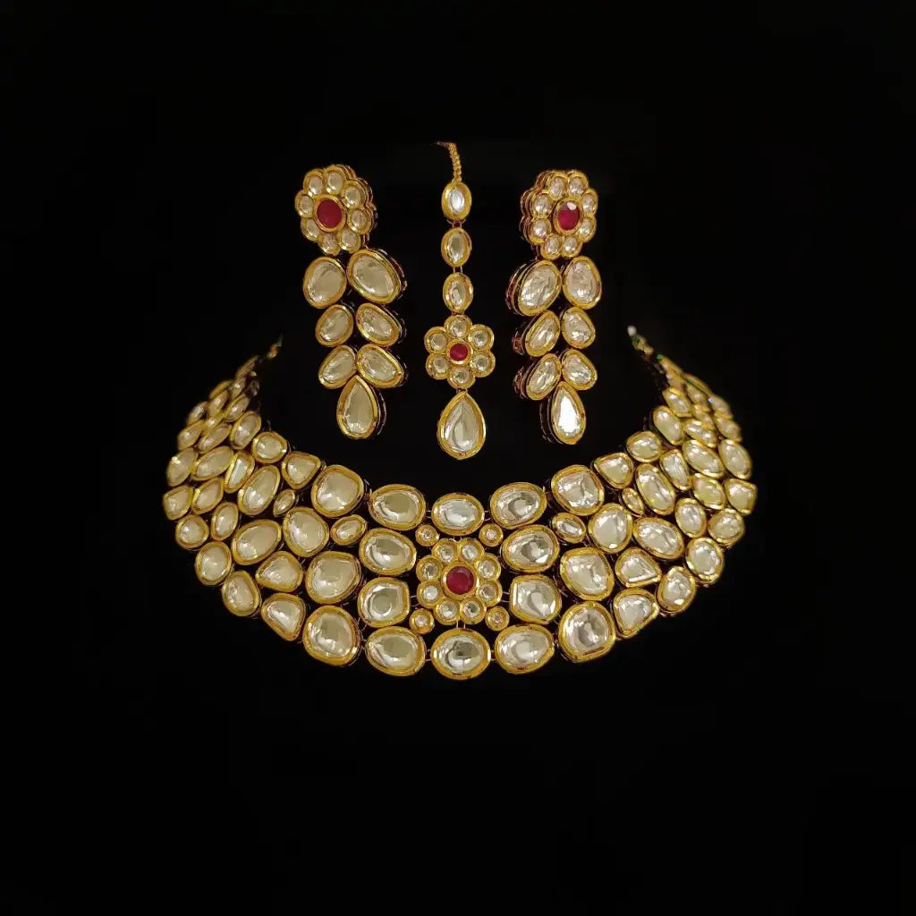 AIVY LUXE gold kundan necklace set with matching earrings and maang tikka for party jewelry