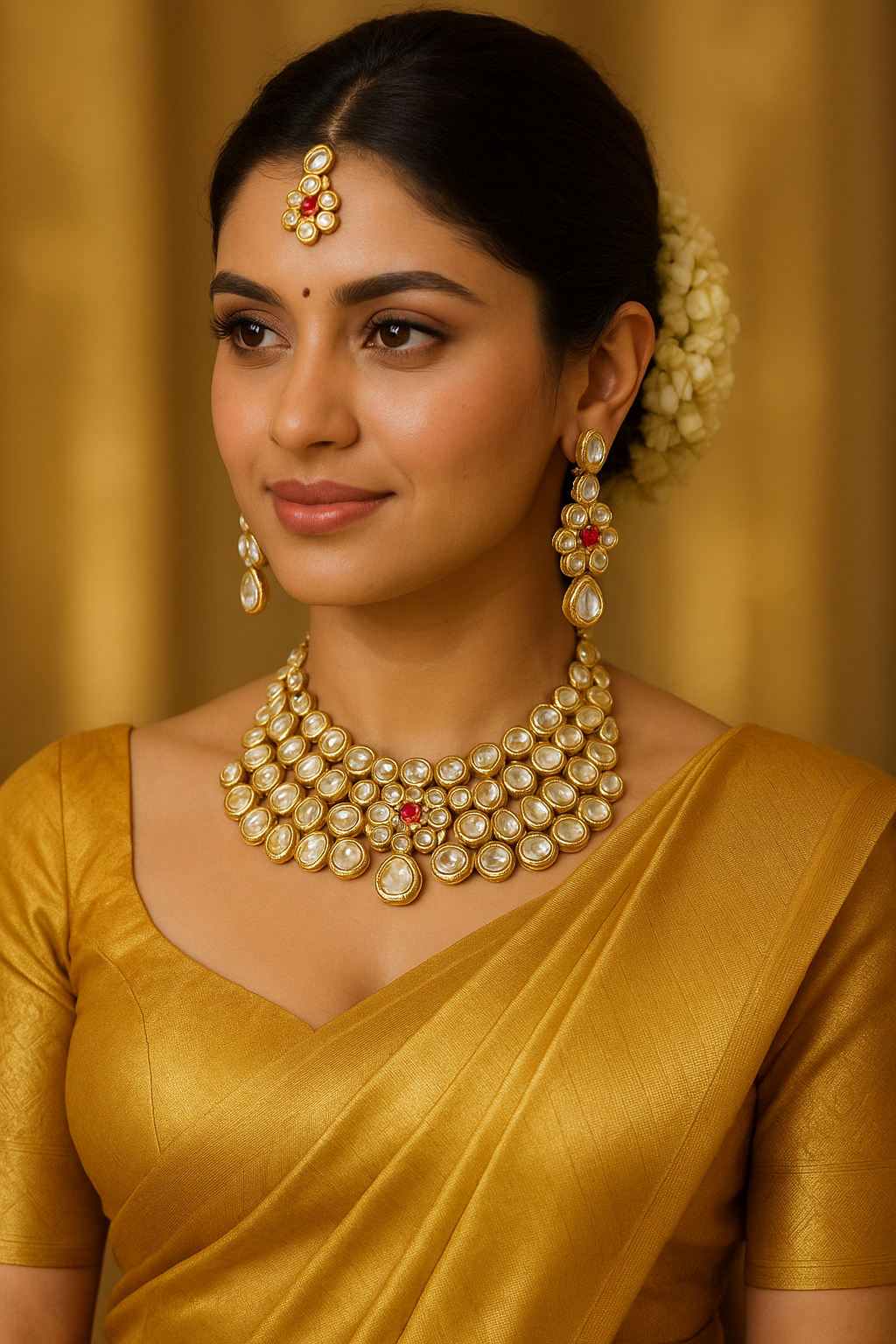 AIVY LUXE gold kundan necklace set worn by woman in gold saree with matching earrings and maang tikka