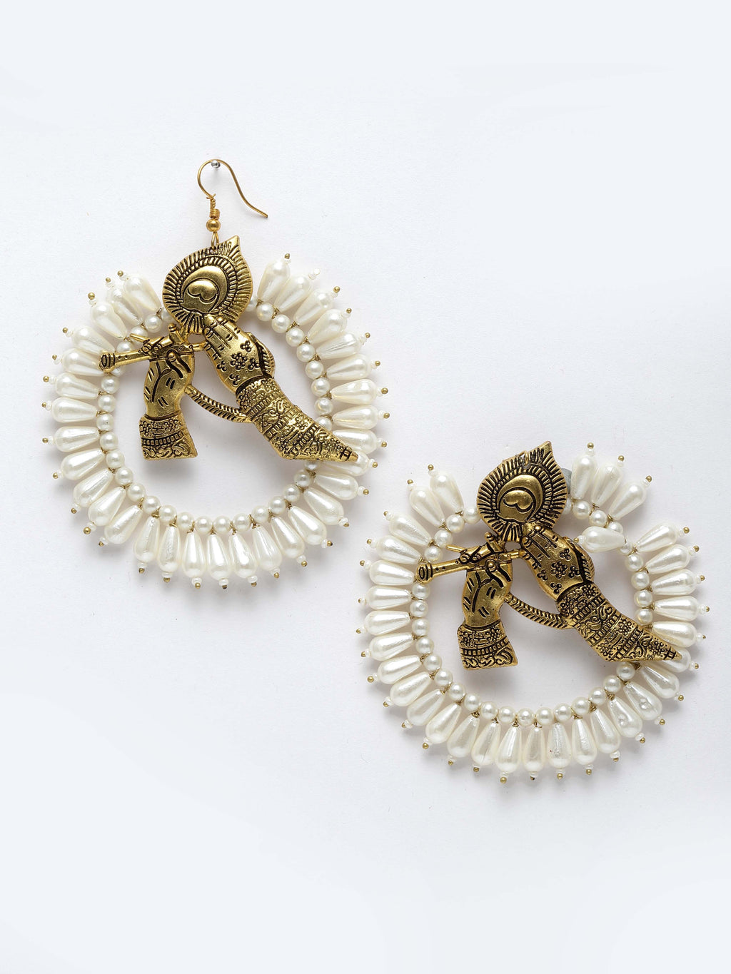 AIVY LUXE gold moon hoop earrings with intricate brass deity design and white bead accents