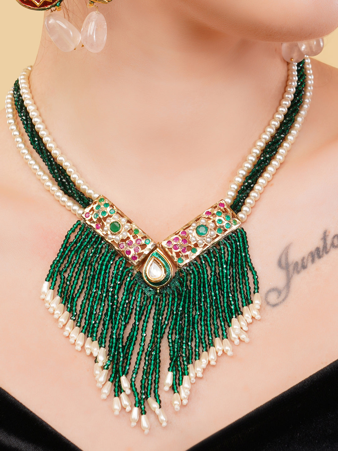 AIVY LUXE green beaded fringe necklace with pearl strands and colorful gemstone detailing