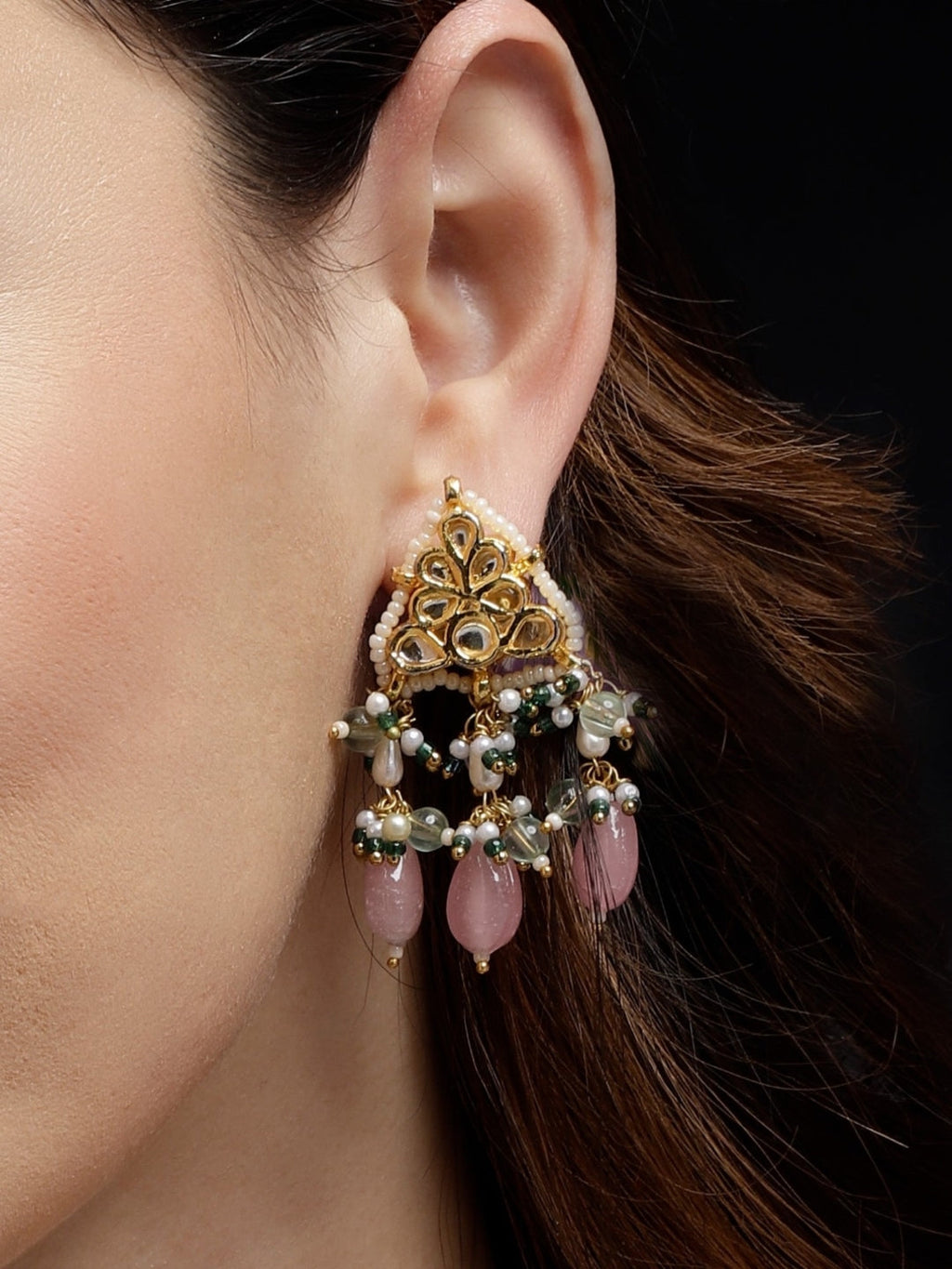 AIVY LUXE Gulshan Sitara statement earrings with intricate gold design and pink dangling beads
