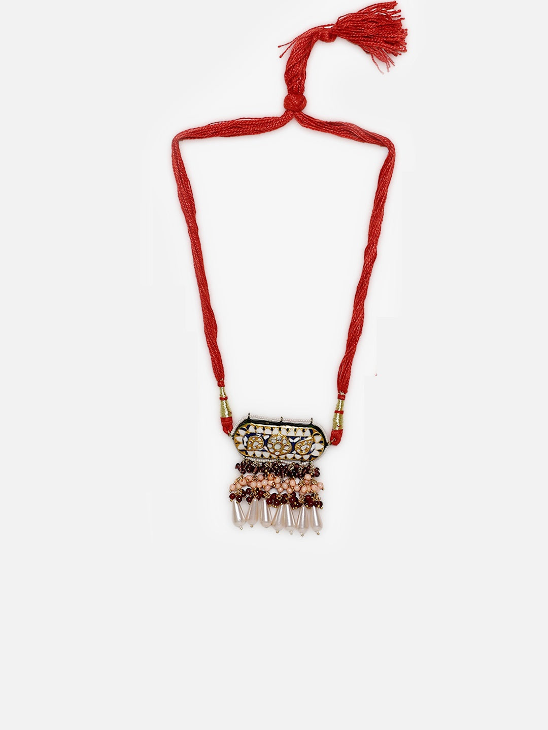 AIVY LUXE handcrafted bajuband online featuring red braided thread and embellished decorative pendant