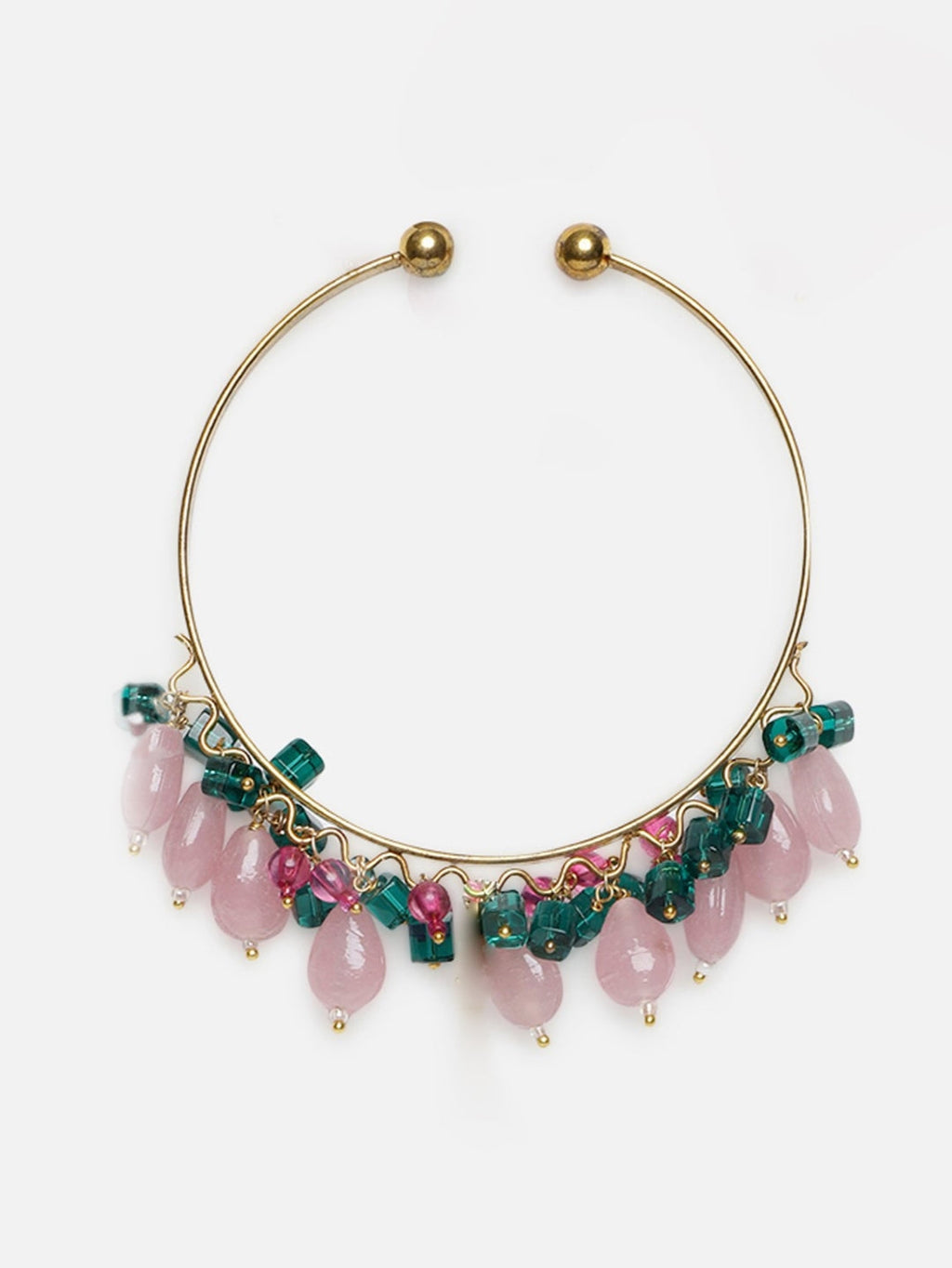 AIVY LUXE handcrafted bracelet for women with pink and green beads on a gold open bangle