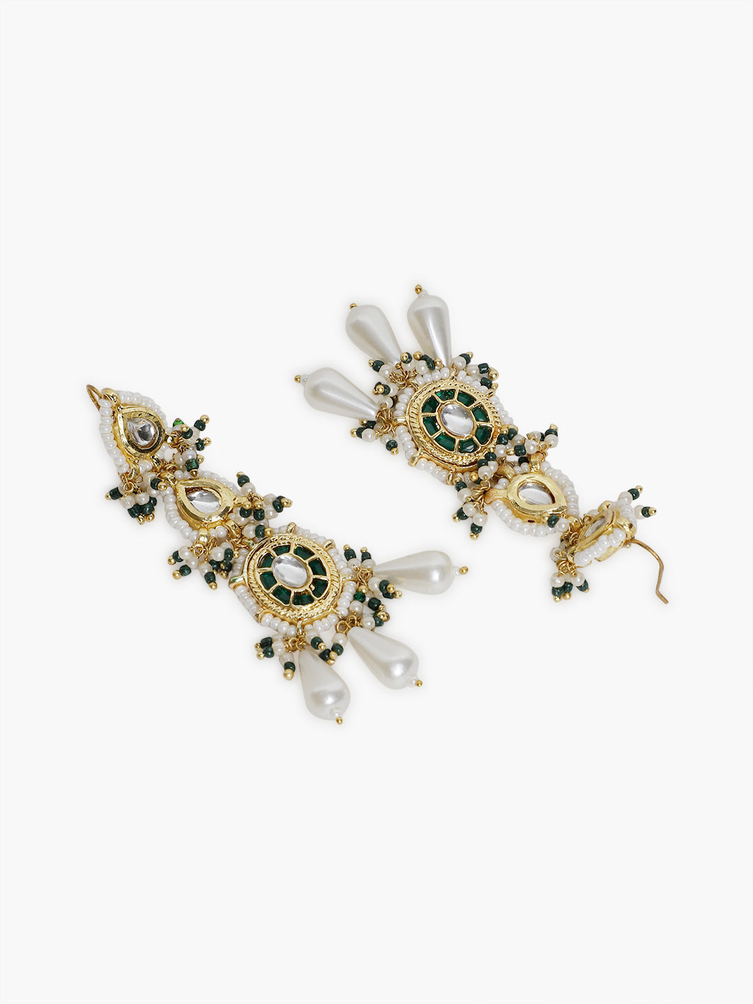 AIVY LUXE handcrafted drop earrings featuring intricate gold design with green accents and pearl drops