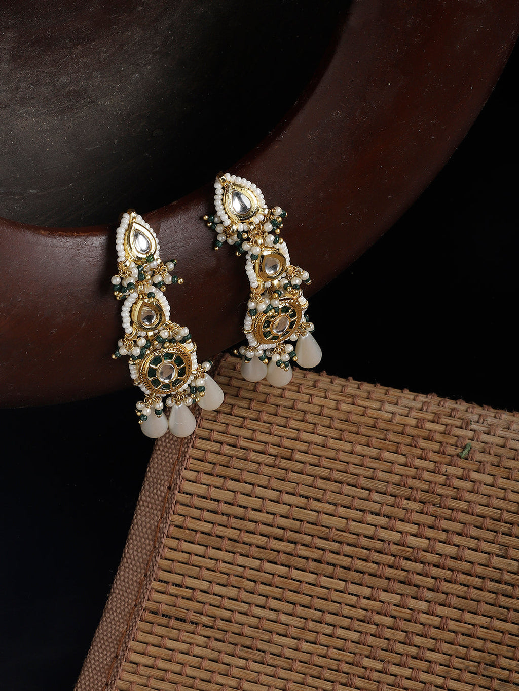 AIVY LUXE handcrafted drop earrings with intricate gold detailing and white bead accents