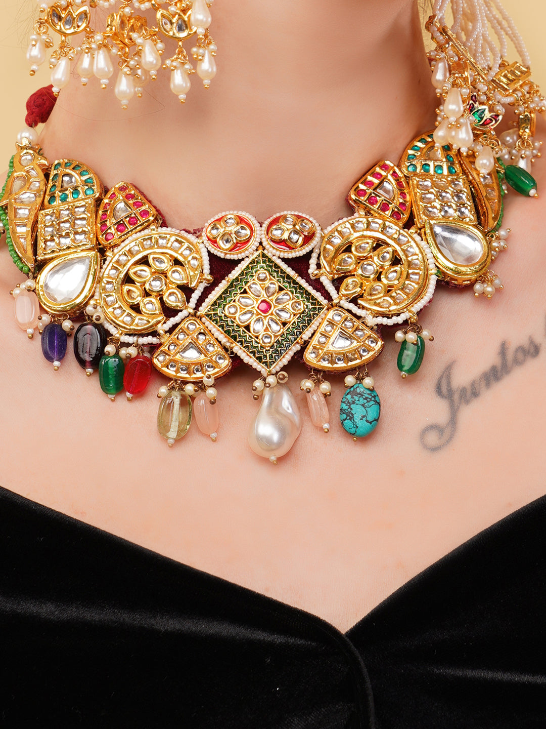 AIVY LUXE handcrafted ethnic bridal necklace with colorful gemstones and intricate gold detailing
