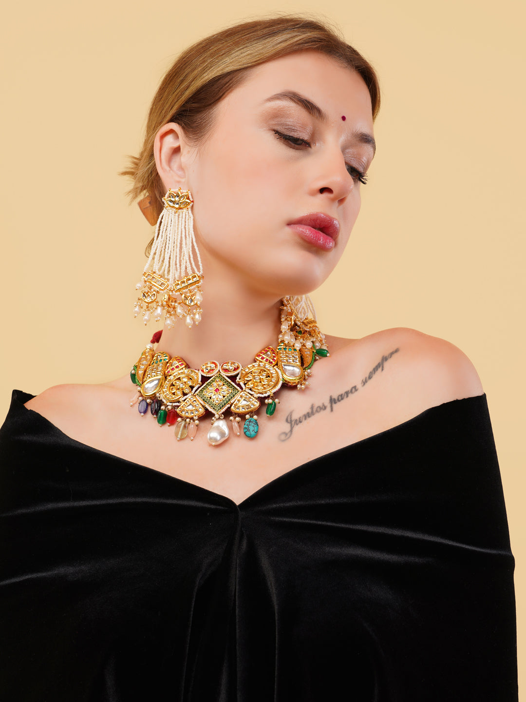 AIVY LUXE handcrafted ethnic bridal necklace with colorful stones worn by a model with matching earrings