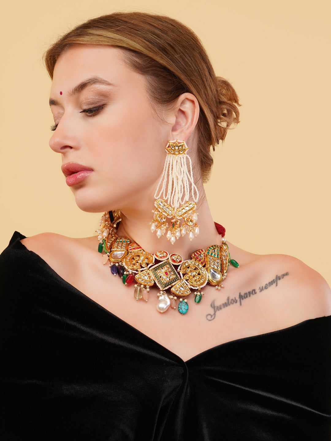 AIVY LUXE handcrafted ethnic bridal necklace with colorful gemstones worn with matching earrings