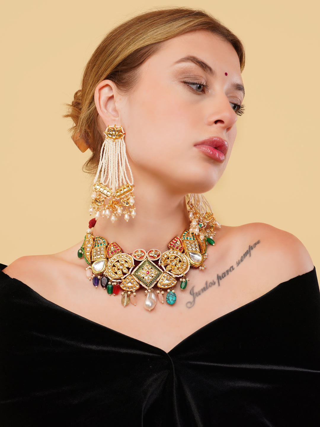 AIVY LUXE handcrafted ethnic bridal necklace featuring multicolored stones and intricate gold design