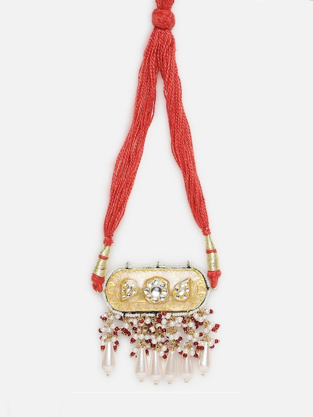 AIVY LUXE handcrafted fusion choker necklace with red bead strands and ornate gold pendant with pearl and gem details