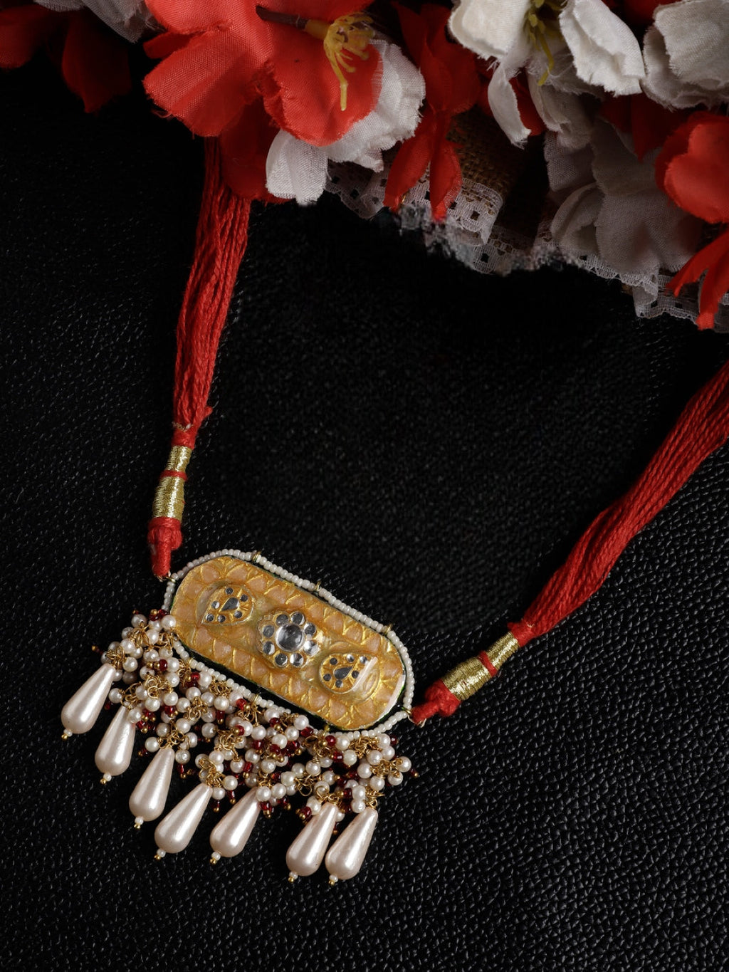 AIVY LUXE handcrafted fusion choker necklace with red thread, floral pendant, and pearl drop accents