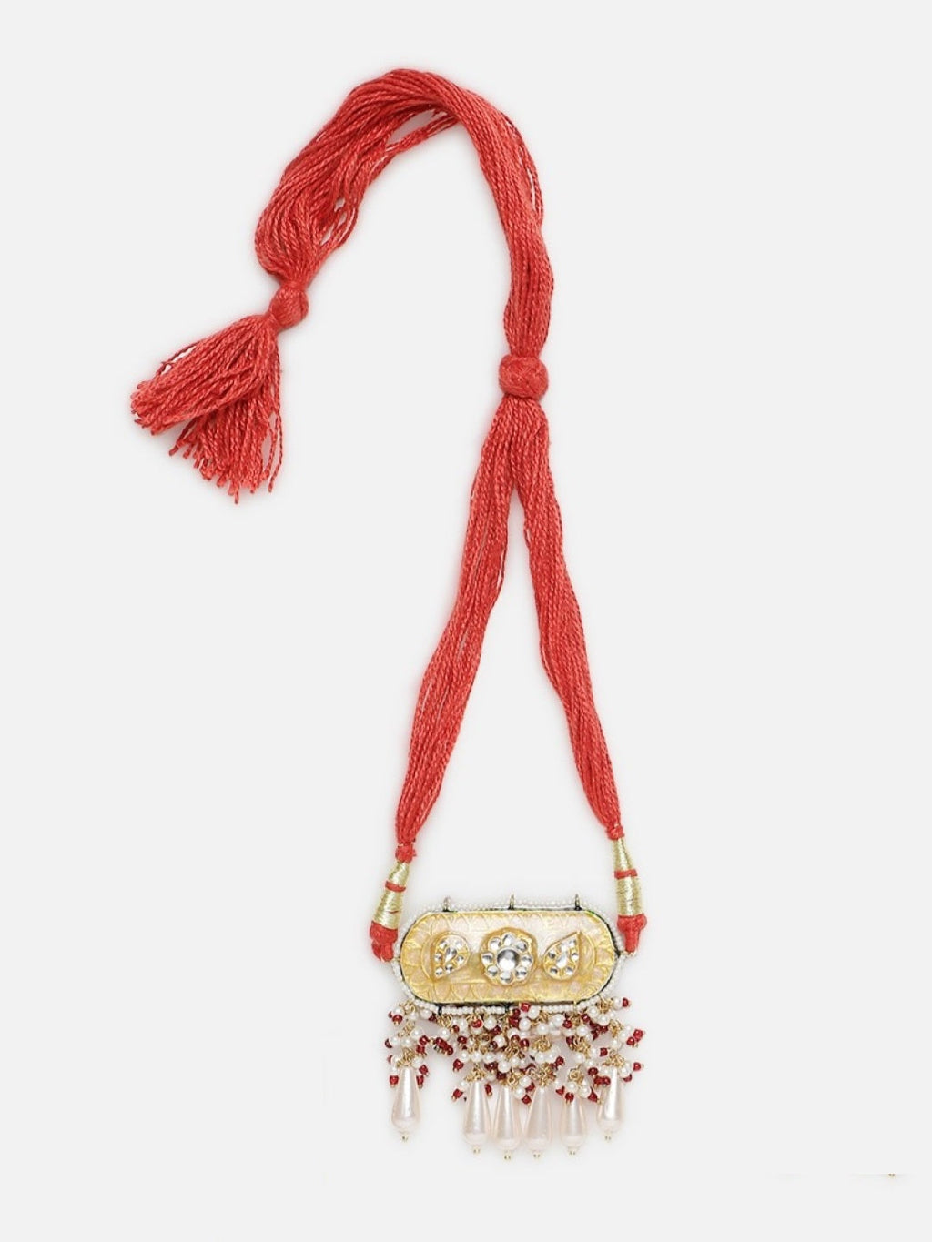 AIVY LUXE handcrafted fusion choker necklace with red threads and ornate gold pendant with bead tassels