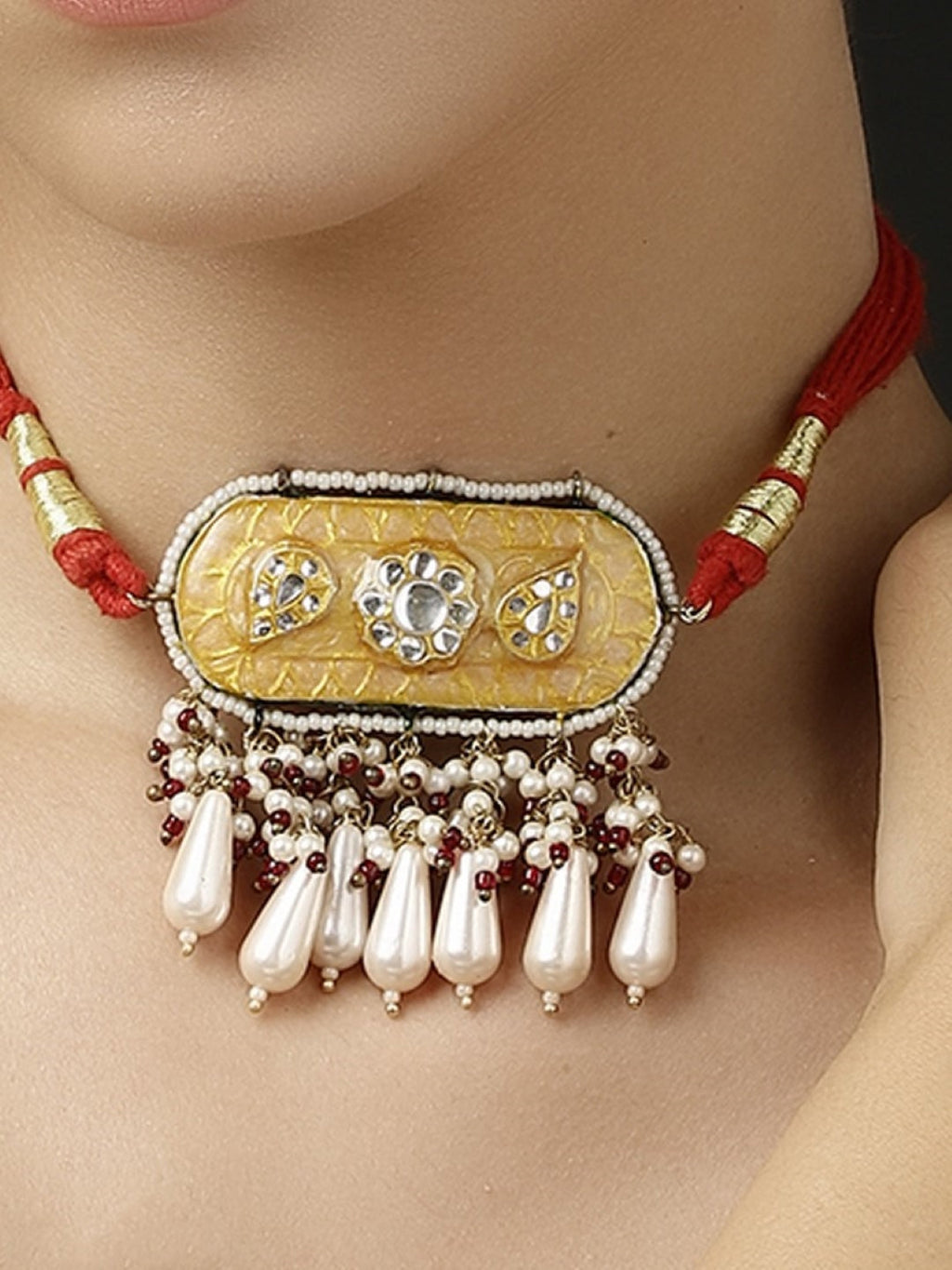 AIVY LUXE handcrafted fusion choker necklace with gold-tone centerpiece and pearl bead tassels on red cord