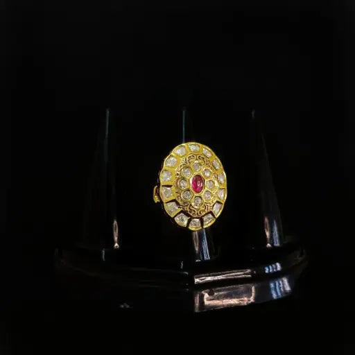 AIVY LUXE gold ring with red center stone and clear detailing handcrafted gold jewelry