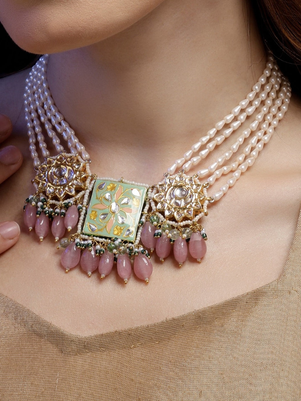 AIVY LUXE handcrafted sahrai noor necklace with pearls, gold details, and pink stone pendants