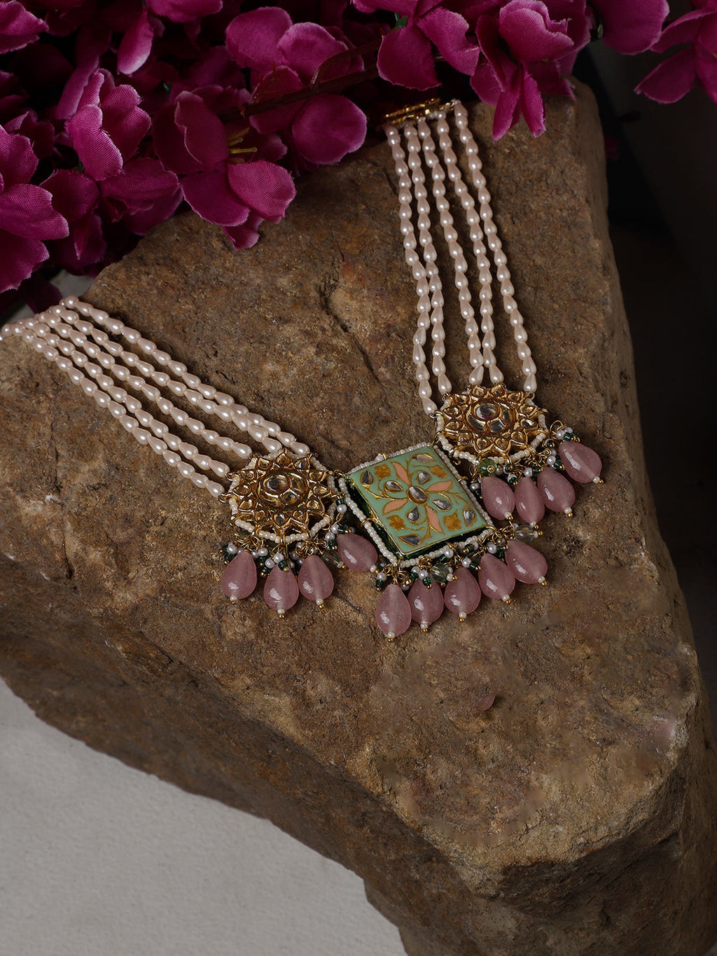 Handcrafted Sahrai Noor Necklace by AIVY LUXE with intricate gold detailing and pink gemstone accents