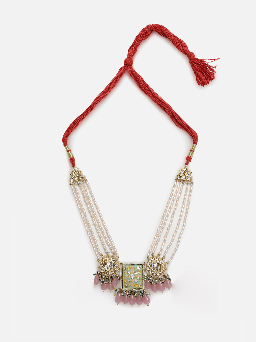 Handcrafted sahrai noor necklace with red twisted cord and intricate gold and pink beaded design