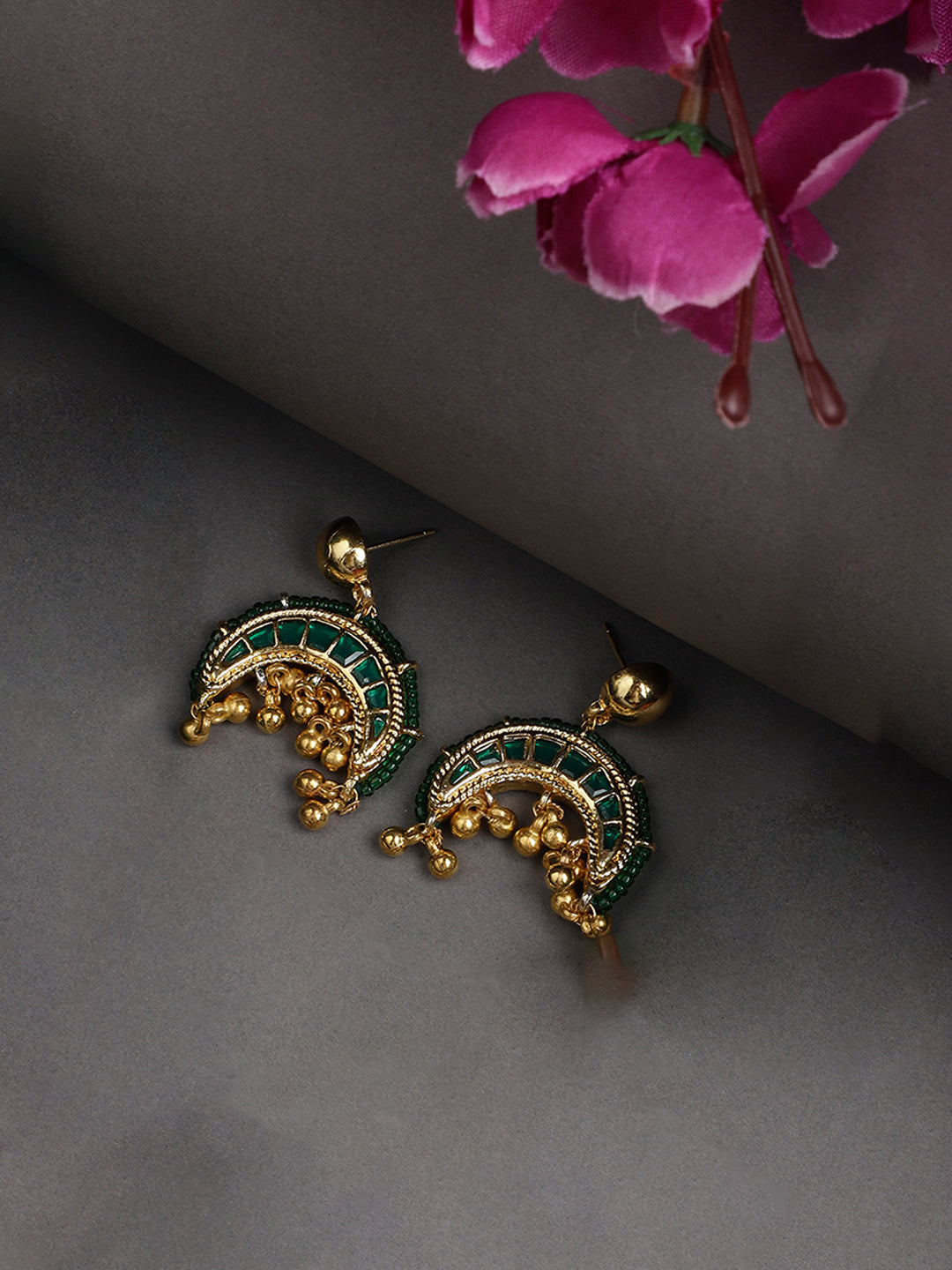 AIVY LUXE handcrafted statement earrings with green and gold intricate design and dangling beads