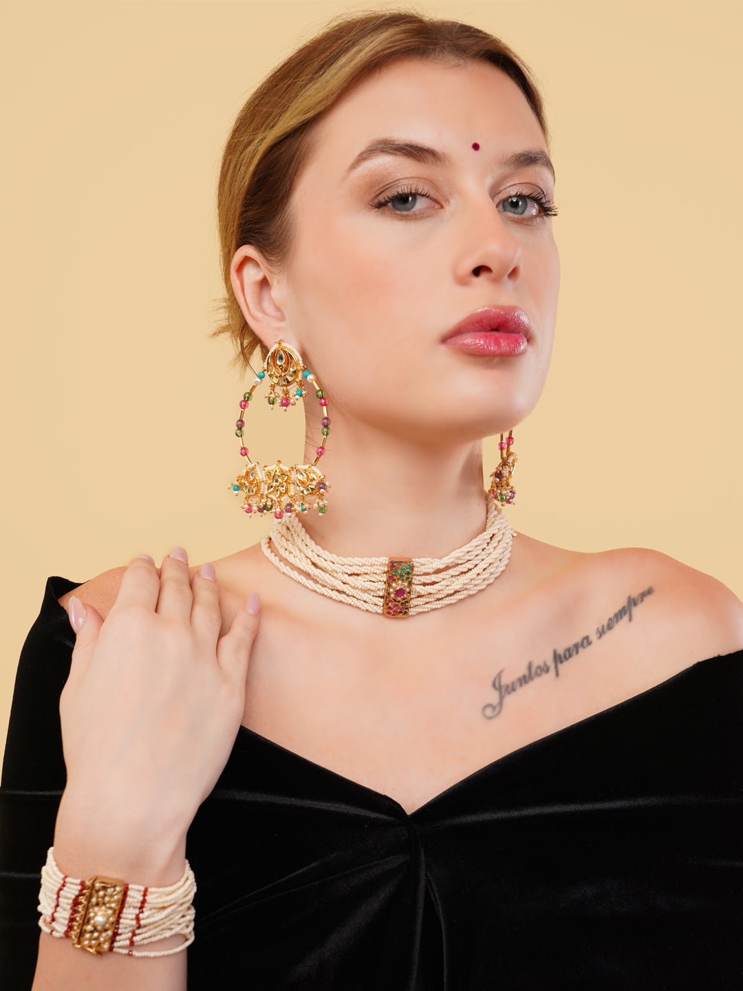 AIVY LUXE handmade pearl bracelet for women worn with matching pearl necklace and earrings