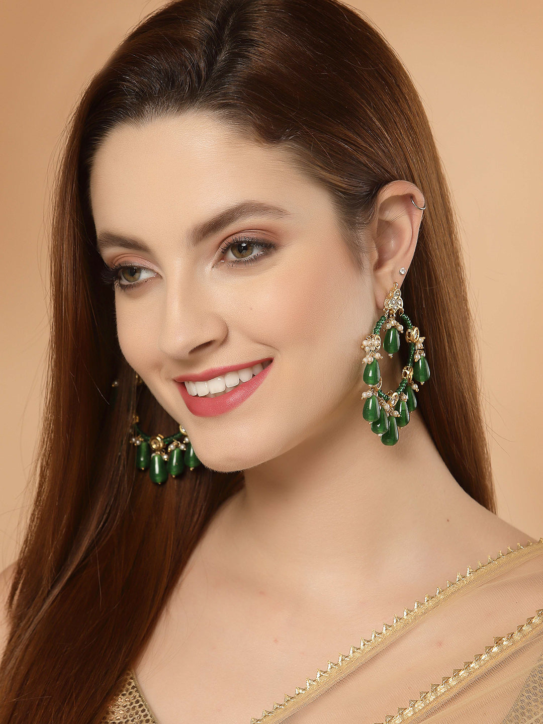AIVY LUXE elegant green and gold hunter chand bala earring online worn by a smiling woman