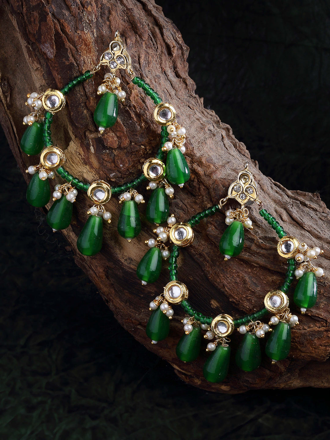 AIVY LUXE hunter chand bala earring online with green beads and gold accents displayed on wood