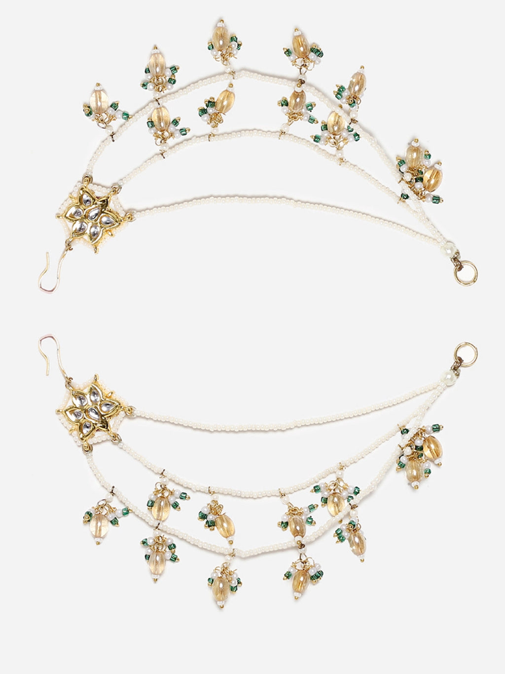 AIVY LUXE Husn-e-Arq Kanchain earrings with intricate gold design and green bead embellishments