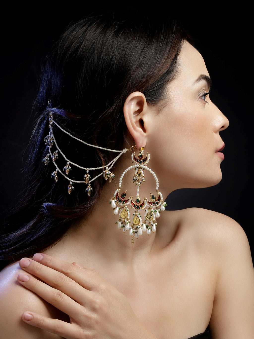 AIVY LUXE Husn-e-Arq Kanchain earrings worn by a woman featuring intricate design with pearls and gold detailing