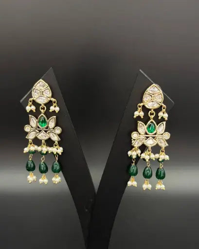 AIVY LUXE kundan floral chandbalis earrings with green and white stones and intricate gold detailing